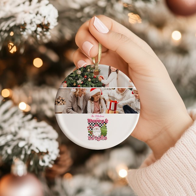 Photo Checkered Merry & Bright Christmas Keramik Ornament (Von Creator hochgeladen)