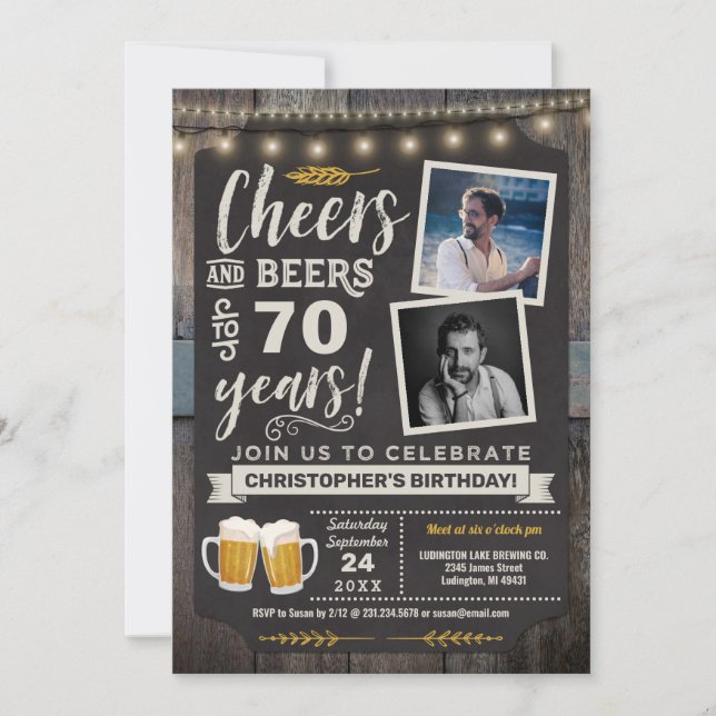 Photo Cheers and Beers 70th Birthday Invitation (Devant)