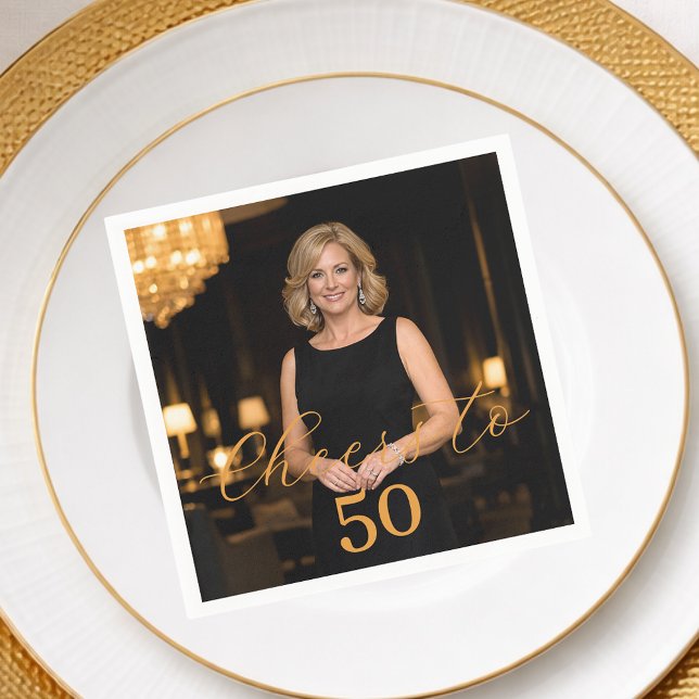 Photo cheers elegant script gold birthday serviette (Von Creator hochgeladen)