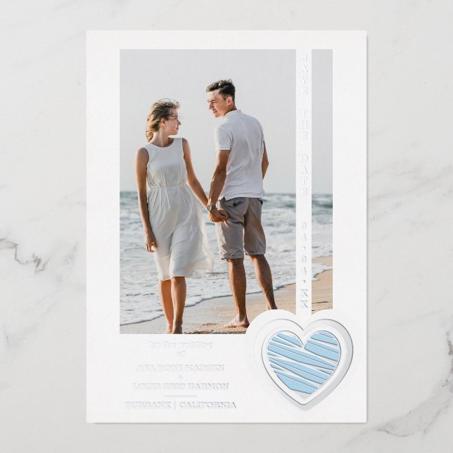 Photo Chic Elegant Light Blue & Silver Heart Real Folieneinladung (Vorderseite)