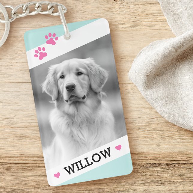 Photo chien animal clair aqua bleu blanc bordures  (Pet dog photo light aqua blue white borders name keychain)