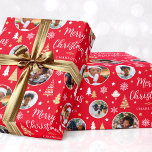 Photo Christmas Trees Custom Name Red Geschenkpapier<br><div class="desc">Make your gift extra special with this personalized name wrapping paper and five photos for you to replace with your own family friends or pets! A stylish holiday design featuring festive little Christmas trees, snowflakes and stars. ♦ To replace photos, click "Personalize this template" ♦ Click "Change" next to each...</div>