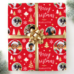 Photo Christmas Trees Custom Name Red Geschenkpapier<br><div class="desc">Make your gift extra special with this personalized name wrapping paper and five photos for you to replace with your own family friends or pets! A stylish holiday design featuring festive little Christmas trees, snowflakes and stars. ♦ To replace photos, click "Personalize this template" ♦ Click "Change" next to each...</div>