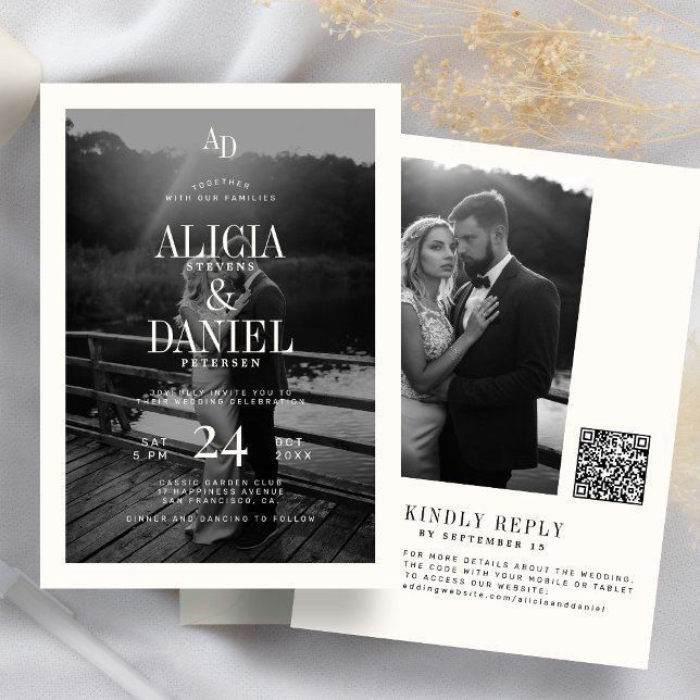 Photo classic black and ivory QR code RSVP wedding Einladung (Von Creator hochgeladen)