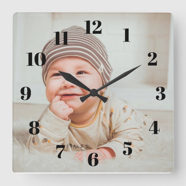 Photo Clock Custom Wall Clock Add Your Own Photo Quadratische Wanduhr (Vorderseite)