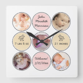 Photo Collage Baby Girl Name, birth stats and duck Quadratische Wanduhr
