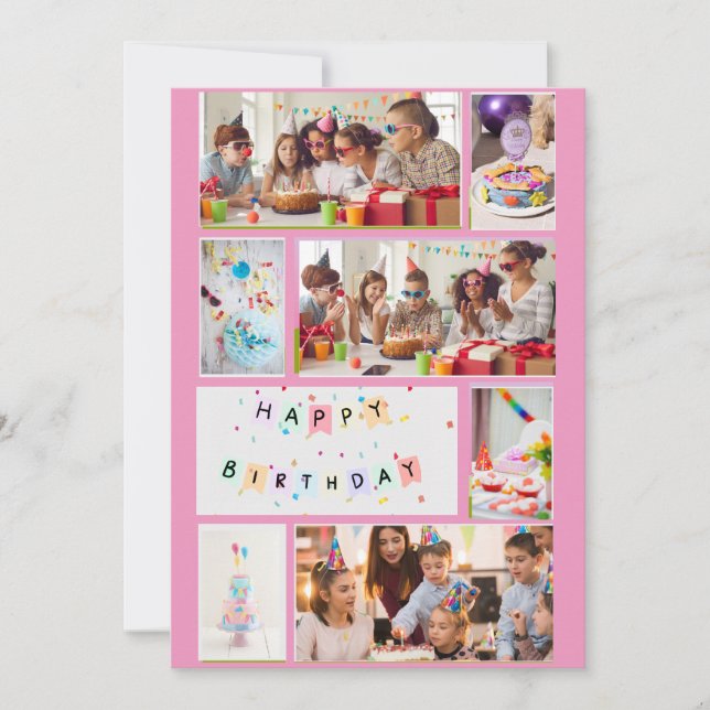Photo Collage Carte Anniversaire - 7 Cadres Rose (Devant)
