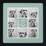 Photo Collage Custom Monogram Mint Green Quadratische Wanduhr<br><div class="desc">You can use Instagram photos for this design. Use 8 square photos to create a unique and personal gift. Or you can keep the hipster puppy and make a trendy keepsake. If you need to adjust the pictures,  click on the customize tool to make changes.</div>