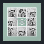 Photo Collage Custom Monogram Mint Green Quadratische Wanduhr<br><div class="desc">You can use Instagram photos for this design. Use 8 square photos to create a unique and personal gift. Or you can keep the hipster puppy and make a trendy keepsake. If you need to adjust the pictures,  click on the customize tool to make changes.</div>