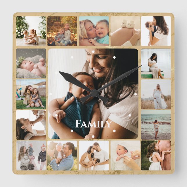 Photo Collage Family Simple Frame Quadratische Wanduhr (Vorderseite)