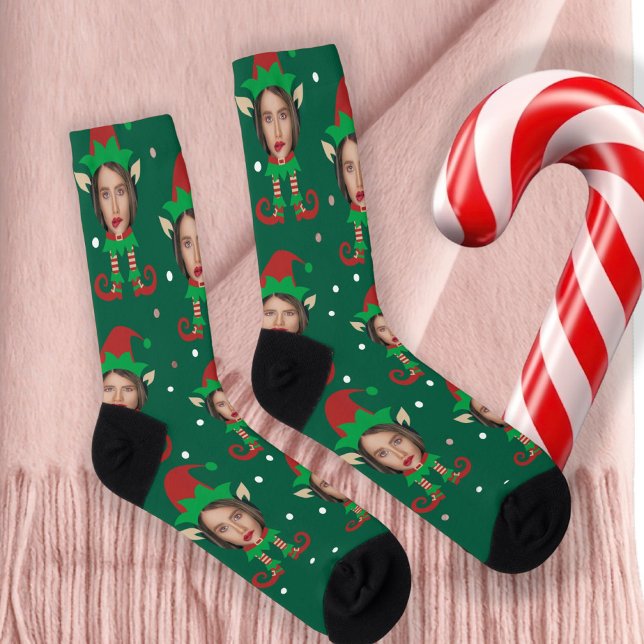 Photo Collage Funny Face Christmas Elf Socken (Photo Collage Funny Face Christmas Elf Socks by Ricaso. Add your own face, female elf outfit. )