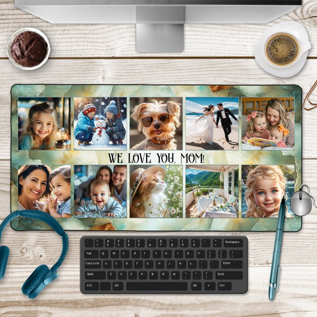 Photo Collage Geode Mineral Art (Desk mat featuring 10 custom photos framed by a green/turquoise ocher geode mineral design - mom)