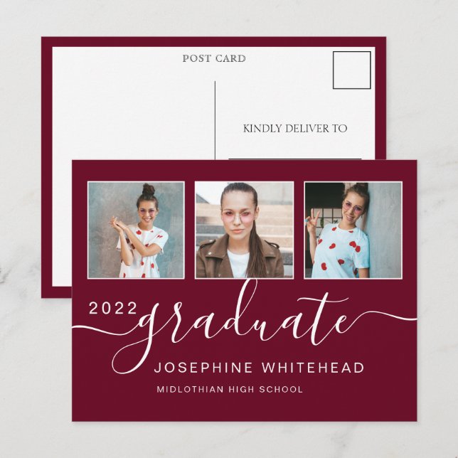 Photo Collage Graduation Minimal Burgundy Postkarte (Vorne/Hinten)