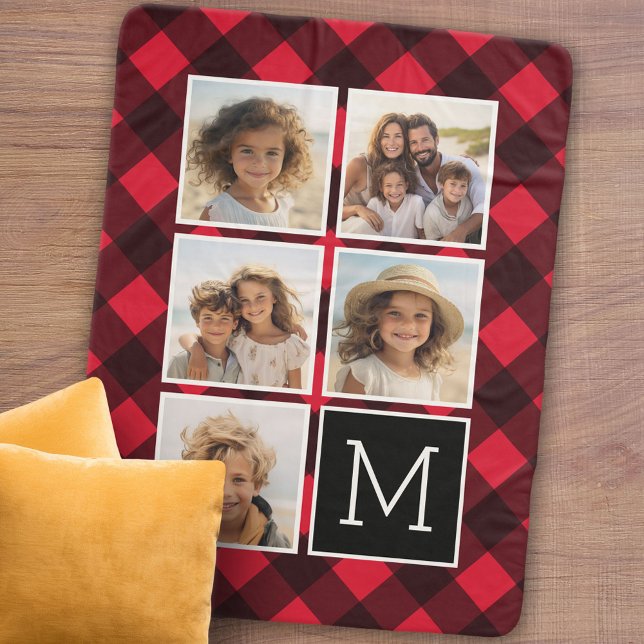 Photo Collage Monogramme Rouge Buffle Noir Plaid (Personalized sherpa blanket with photos and text)