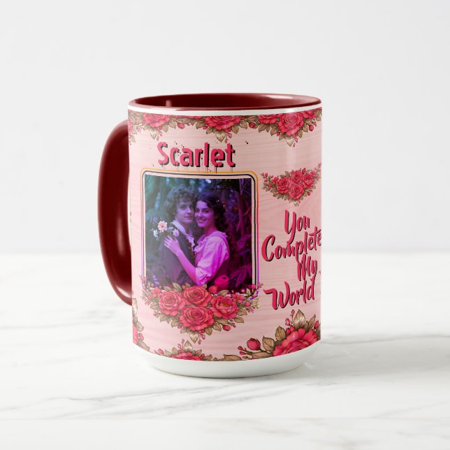 Photo Collage  Name Valentine's Day Floral Coffee Tasse (Vorderseite Links)