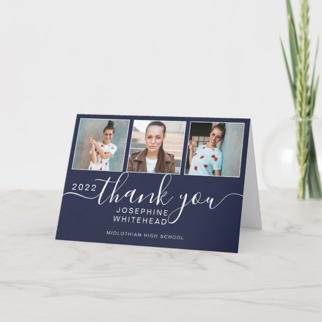 Photo Collage Navy Blue Graduation 2022 Thank You Dankeskarte (Vorderseite)