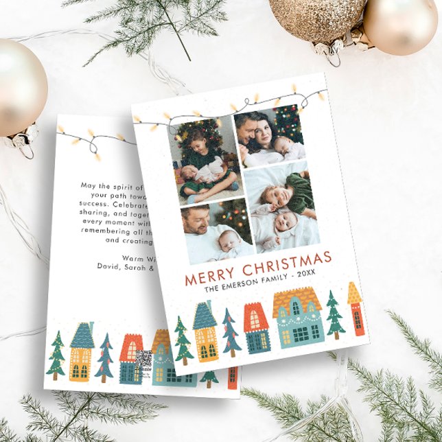 Photo Collage Retro Cartes de Noël (Holiday Retro Houses Family Photo Collage Merry Christmas Holiday Card)