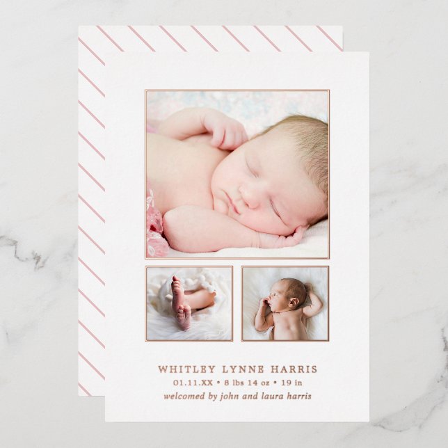 Photo Collage Rose Gold Girl Faire-part de naissan (Recto/Verso)
