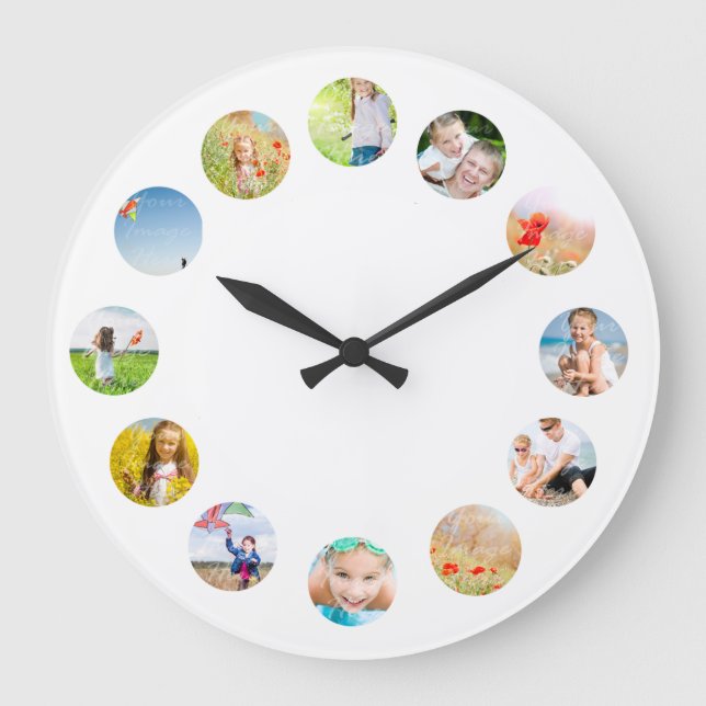 Photo Collage Wall Clock with Your Images Große Wanduhr (Vorderseite)