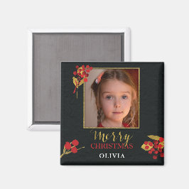 Photo Customizable Christmas Card, Black Gold Red Magnet