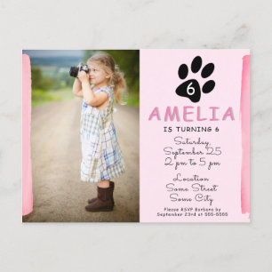 Photo Cute Pink Paw Invitation à la fête d'anniver
