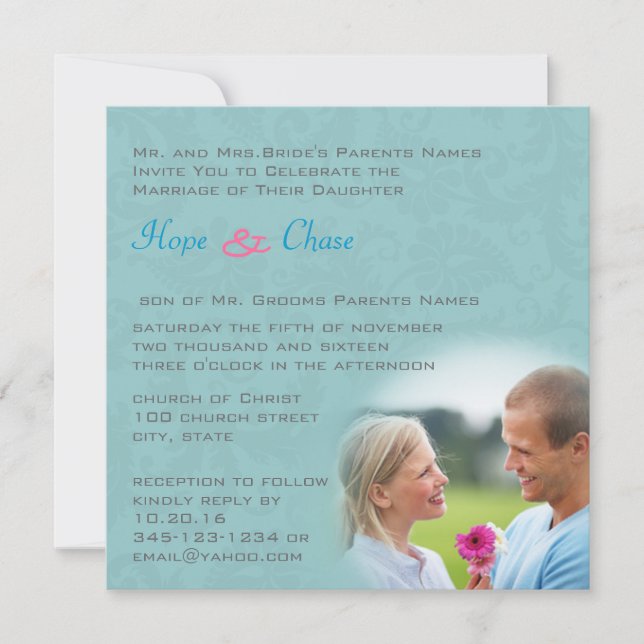 Photo Damask Aqua Blue Pink Faire-part de mariage (Devant)
