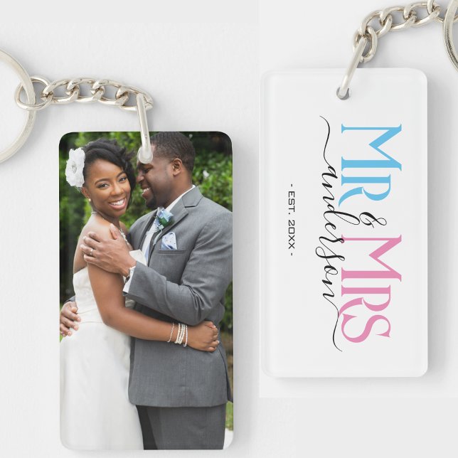 Photo de couple de jeunes mariés pour anniversaire (newlywed couple mr and mrs keychain with photo)