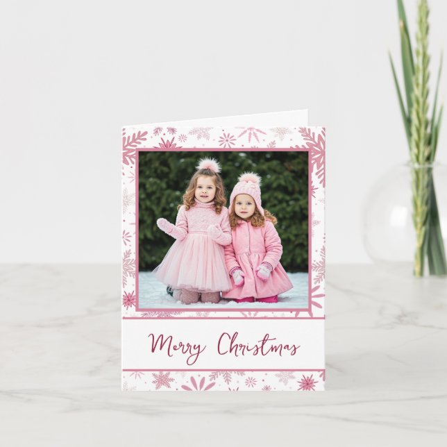 Photo de famille Flocons de neige rose Carte de vœ (Devant)