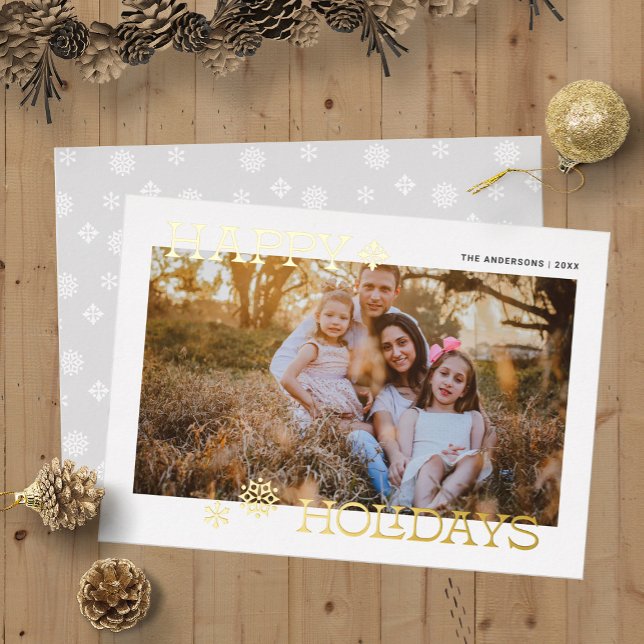 Photo de flocon de neige moderne de vacances joyeu (Happy Holidays Modern Snowflake Photo Foil Holiday Card)