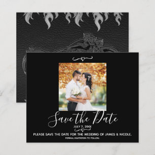 Photo de mariage à moto en cuir noir, carte 'Save 