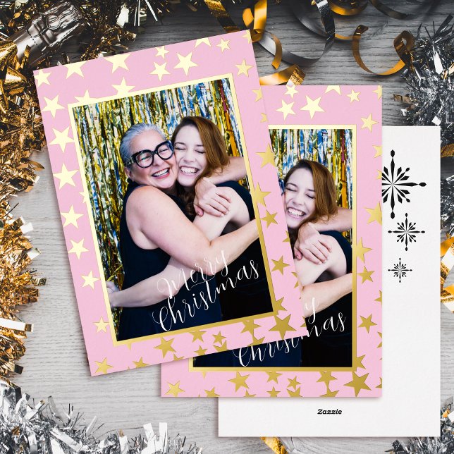 Photo de Noël étoilée. Rose. Carte de vœux en alum (Starry Christmas Photo Pink Foil Holiday Card)