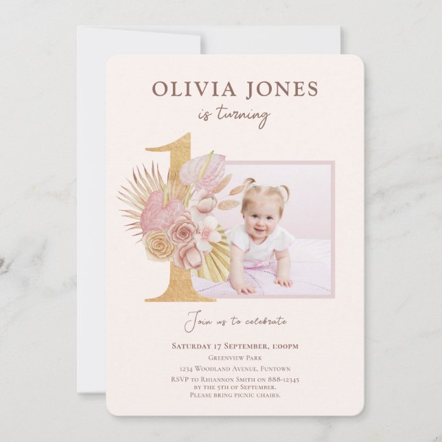 Photo de Pink Florals 1ère invitation anniversaire (Devant)