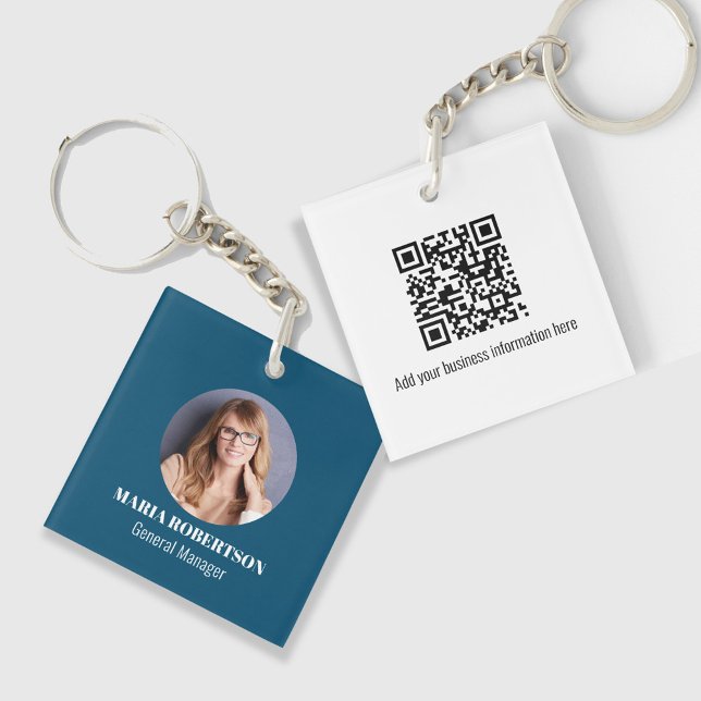 Photo d'entreprise bleue simple personnalisée (Blue Photo or logo keychain with a scannable QR code. Great for business professionals. )