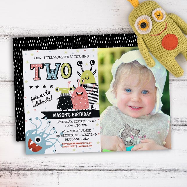 Photo Deux Ans Monster Anniversaire Invitation (Your little one will be in for a monster of a celebration with this creative invitation.)