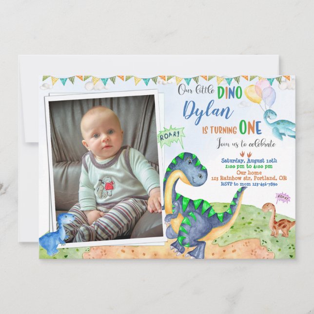 Photo Dinosaur anniversaire invitation 1er anniver (Devant)