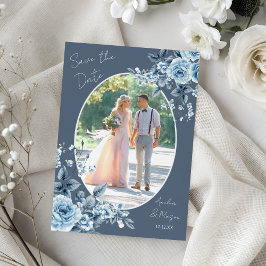 Photo Dusty Blue Script Floral Save the Date Card Einladung