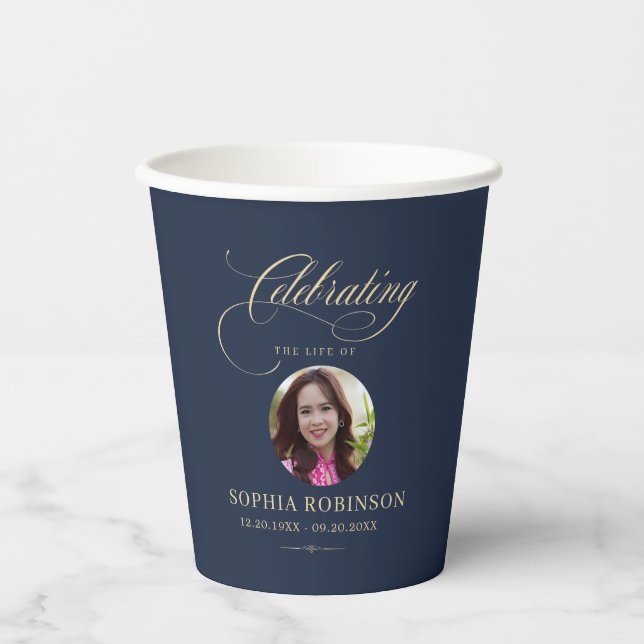 Photo Elegant Blue Gold Script Funeral Memorial  Pappbecher (Vorderseite)