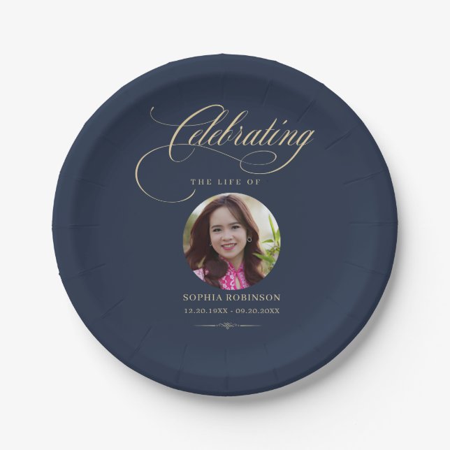 Photo Elegant Blue Gold Script Funeral Memorial  Pappteller (Vorderseite)