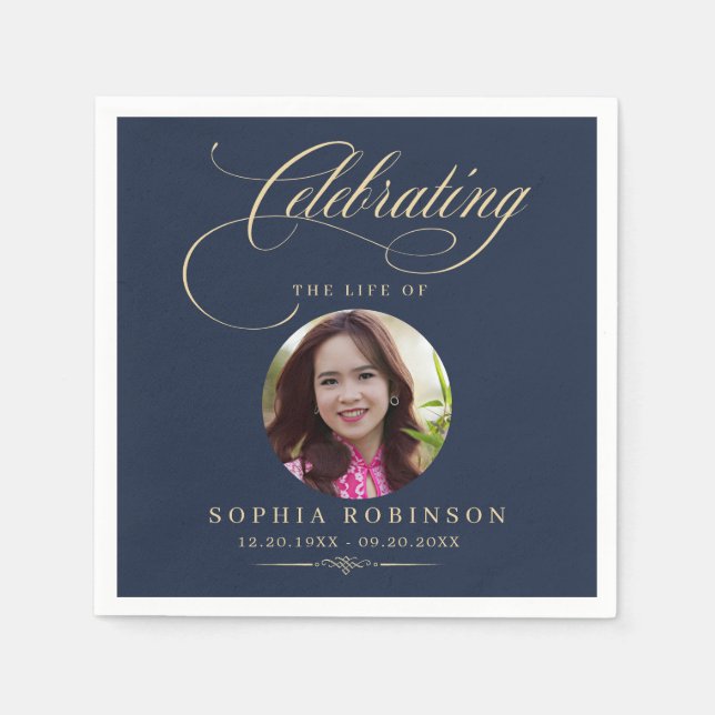 Photo Elegant Blue Gold Script Funeral Memorial  Serviette (Vorderseite)