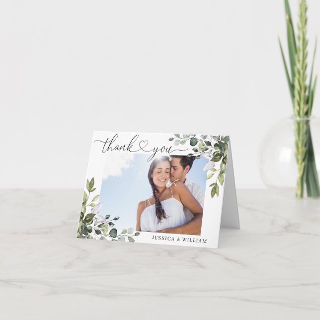 PHOTO Elegant Eucalyptus Greenery Wedding Dankeskarte (Vorderseite)