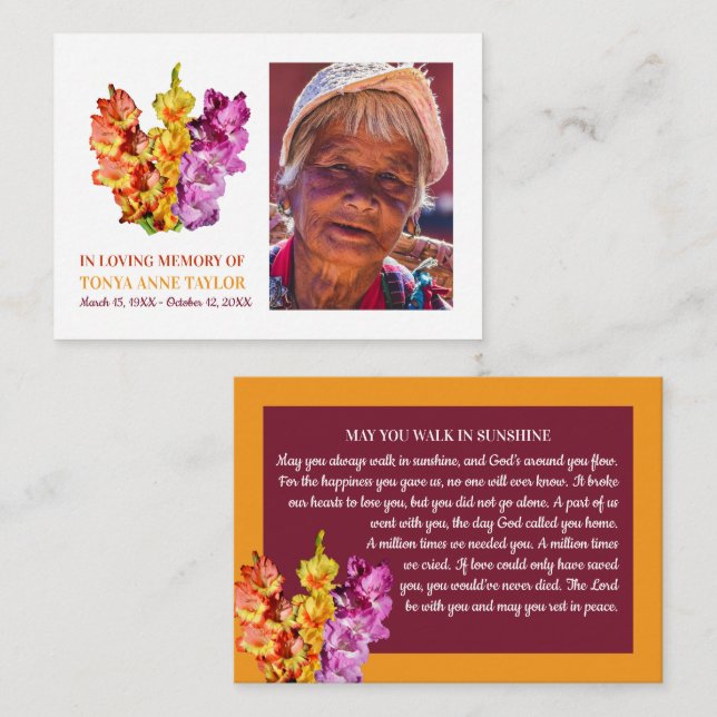 Photo Élégante, Fleurs Gladiolus, Carte de prière (Devant / Derrière)