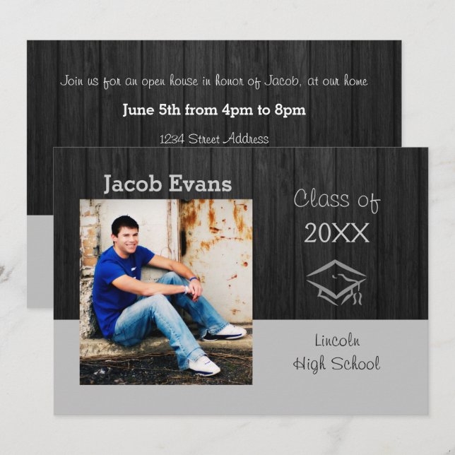 Photo en bois noir horizontal - Faire-part graduée (Devant / Derrière)