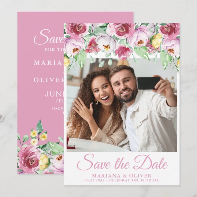 Photo Enregistrer la carte Date Fleurs roses (Devant / Derrière)
