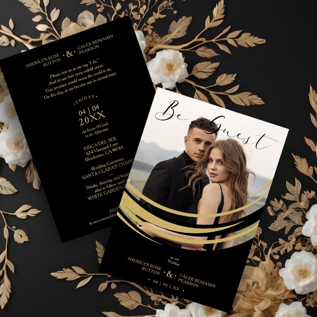 Photo Exquisite Modern Golden Abstract Shape Einladung (Exquisite Modern Faux Golden Abstract Geometric Shape Photo Wedding Invitation with Envelope.)