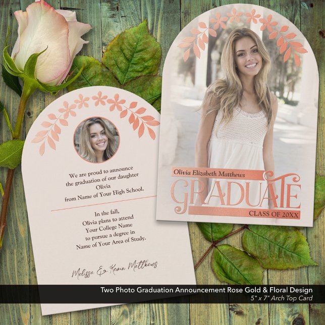 Photo Faire-part de graduation Rose or Floral (Two Photo Graduation Announcement with Faux Embossed Rose Gold and Floral Details)
