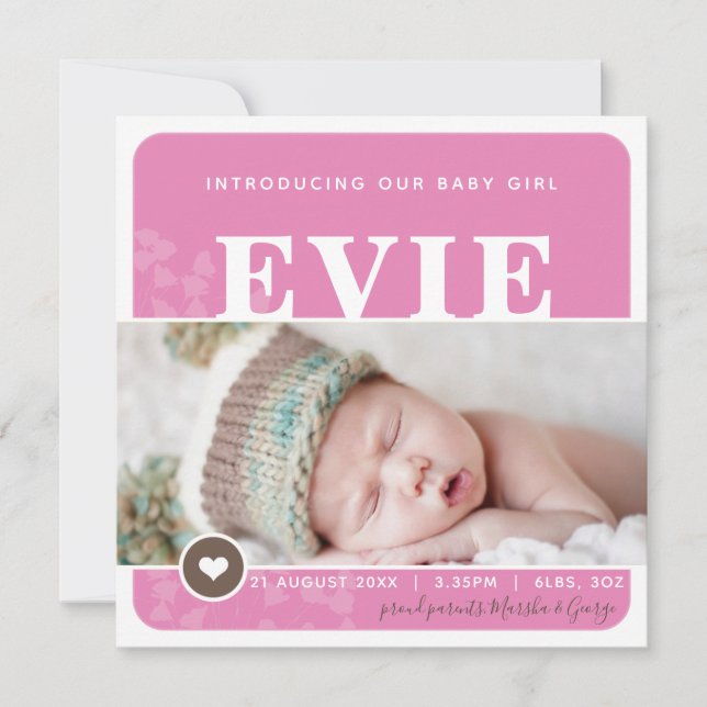 PHOTO FAIRE-PART DE NAISSANCE coeur tache rose bot (Devant)