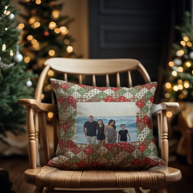 Photo family Christmas patchwork Green Red  Kissen (Von Creator hochgeladen)