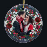 Photo First Christmas as Mr and Mrs rustic winter Keramik Ornament<br><div class="desc">Winter rustic elegant wedding Merrily Married photo tree keepsake ornament with red burgundy trendy watercolor flowers wreath with seasonal pine hunter green fir branches and holly berries over a dark navy blue barn wood background with string lights. Personalize it with your photo, text, and family name on both sides! An...</div>
