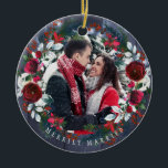 Photo First Christmas as Mr and Mrs rustic winter Keramik Ornament<br><div class="desc">Winter rustic elegant wedding Merrily Married photo tree keepsake ornament with red burgundy trendy watercolor flowers wreath with seasonal pine hunter green fir branches and holly berries over a dark navy blue barn wood background with string lights. Personalize it with your photo, text, and family name on both sides! An...</div>