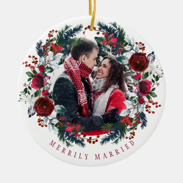 Photo First Christmas Mr and Mrs merrily married Keramik Ornament (Vorne)